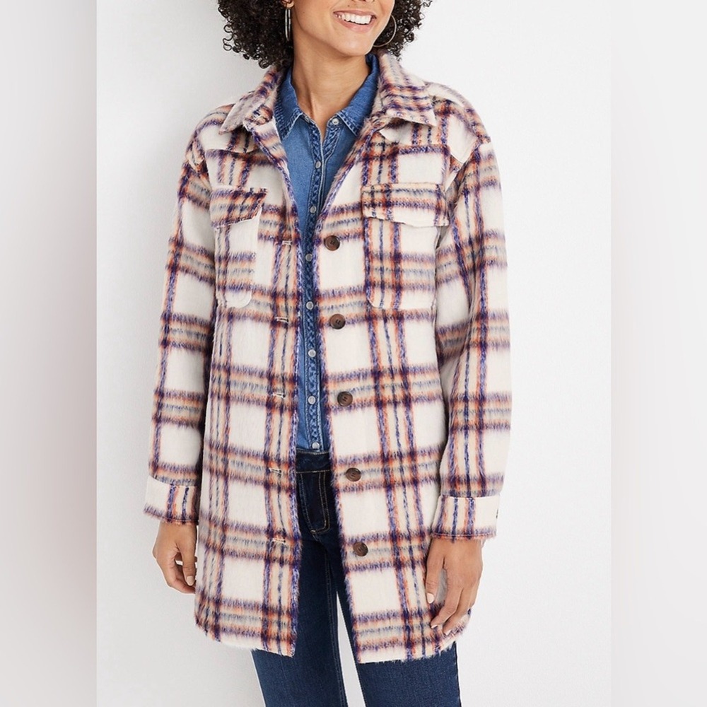 NWT Maurices Faux Wool Plaid Shacket, Size Medium, Outdoors Cabincore Rustic